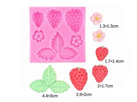 Molde silicona 3 frutillas flores y hojas